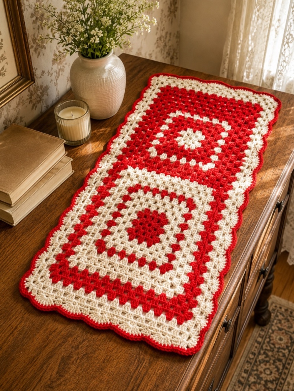Handmade Crochet Table Runner Red Cream Granny Square Retro Cottagecore